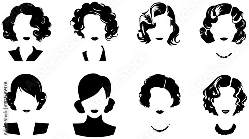 Vector pack of eight retro hairstyle icons from the 1950s featuring pin up style female heads with various curly and wavy hairdos on white background