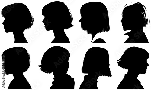 Collection of eight distinct black silhouette bob haircut profiles on white background for graphic design