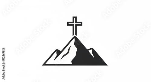 Cross on Mountain Peak Silhouette Isolated on White Background