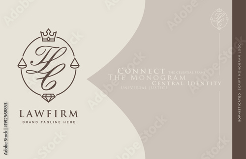 Sophisticated script monogram logo for law firm featuring celestial frame and judicial scales