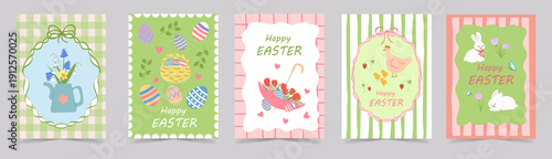 Green pastel Easter Card collection with Coquettes Frames, bows, bunny, eggs and spring elements. grandma's style. Vintage printable set for greeting card, nursery decor, wall art, seasonal packaging 
