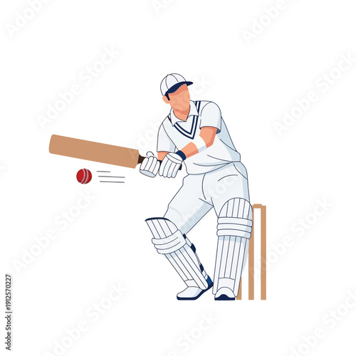 Cricket batsman hitting ball with bat, sports action, outdoor game, summer sport, athlete playing cricket