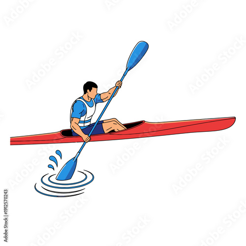 Man paddling a red kayak on blue water, sport and recreation