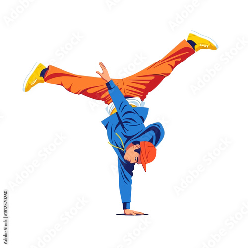 Breakdancer performing handstand freeze with legs spread wide, dynamic urban dance move