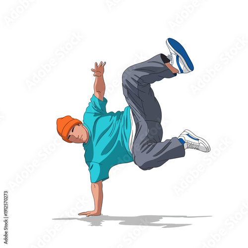 Breakdancer performing a dynamic freeze move on a white background