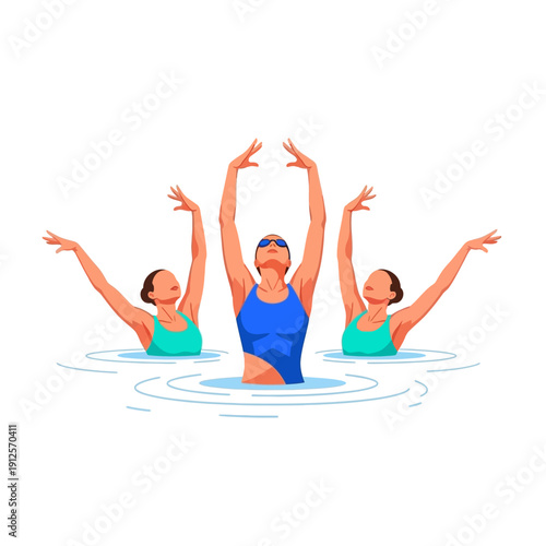 Synchronized swimmers performing a routine in water, elegant arm movements