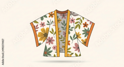 Floral Kimono Jacket with Tropical Leaves and Flowers Isolated on White