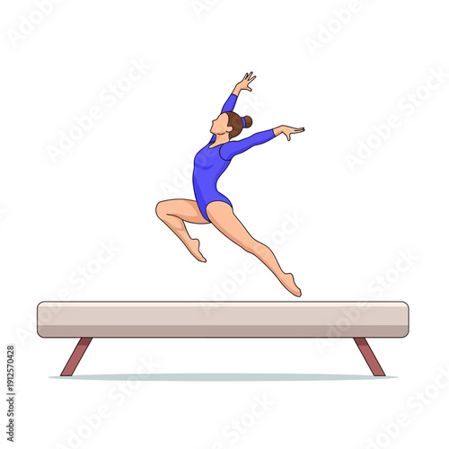 Gymnast performing a dynamic leap on a balance beam in a blue leotard