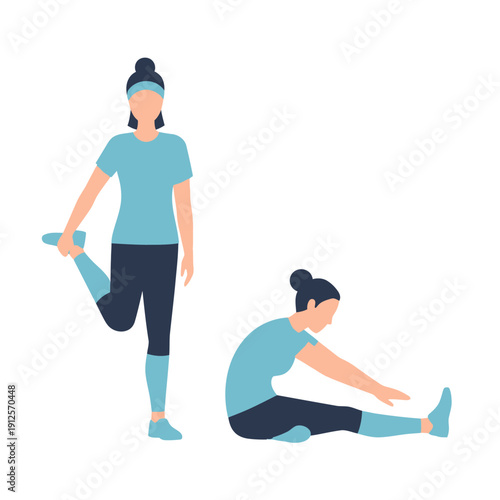 Woman stretching legs: quad stretch standing and hamstring stretch sitting