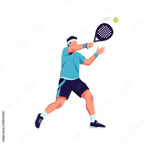 Man playing padel tennis, hitting ball with racket, dynamic action shot, outdoor sport
