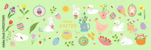Happy Easter Spring Set with rabbits, eggs, flowers, swans. Cottagecore Pastel seasonal design for greeting cards, kids products, packaging, social media, festive decor.  Spring stickers 