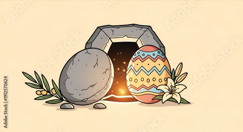 Resurrection of Jesus concept empty tomb and Easter Egg Illustration
