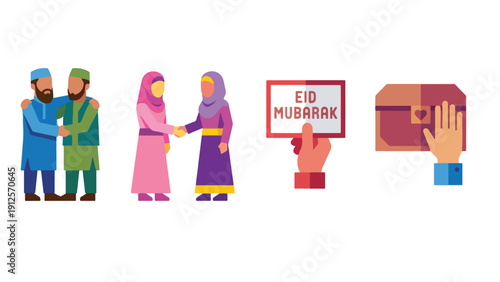 Eid Greeting Gesture and Respect Sign Icon Set, Hug Handshake Card Heart Collection Illustration