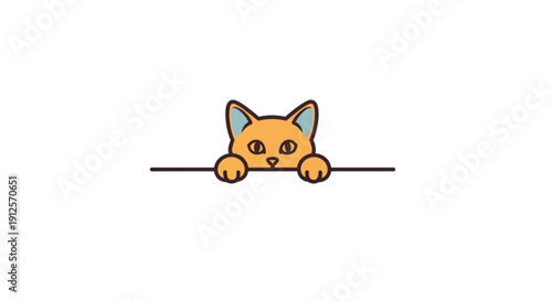 Orange Cat Peeking Over Edge, Isolated on White Background, Cartoon Style