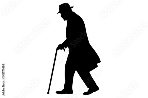 A silhouette of an elderly man walking with a cane