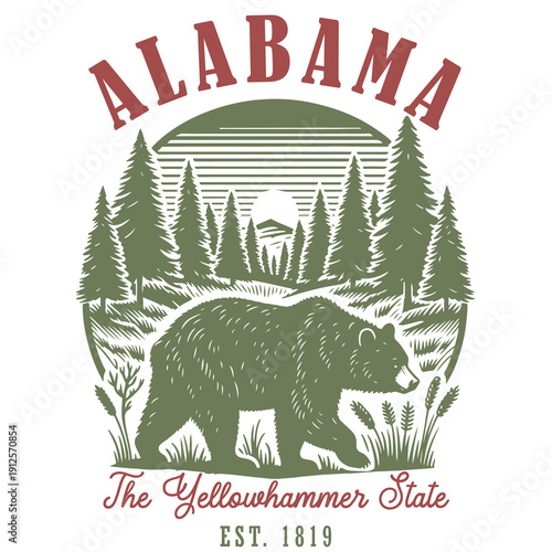 Vintage Alabama badge featuring forest landscape, bear silhouette, and retro typography in earthy tones. Vector illusrtation