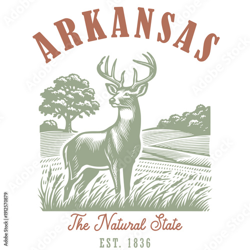 Vintage Arkansas badge featuring majestic deer, rolling fields, and rustic typography in earthy green tones. Perfect for travel posters, outdoor apparel, and tourism campaigns. Vector  illustartion