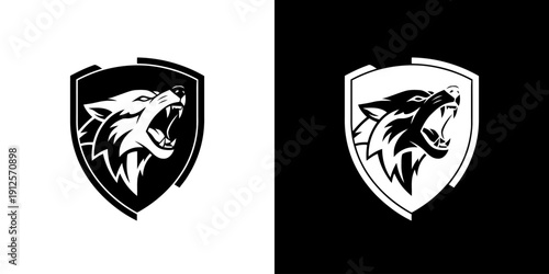 Wolf Head Logo Design Shield Emblem.