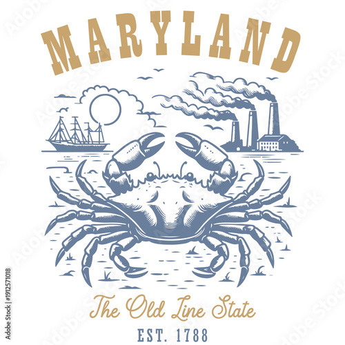 Retro Maryland poster with detailed crab, harbor scene, and bold vintage text, evoking Chesapeake Bay culture. Vintage vector