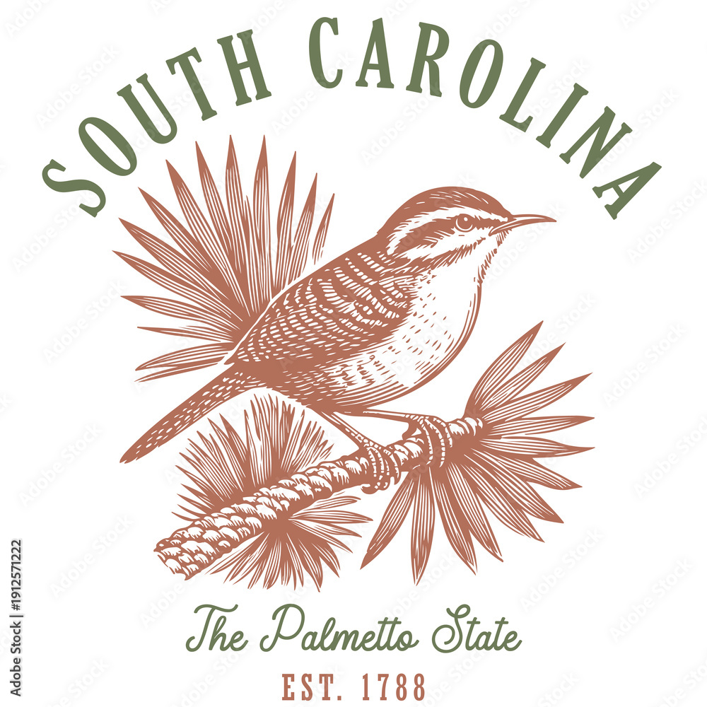 Obraz premium Vintage South Carolina illustration featuring detailed palmetto tree branch and Carolina wren with classic Palmetto State typography. Retro style vector