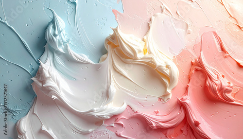 Abstract textured swirls of pastel blue, white, cream, and pink frosting icing