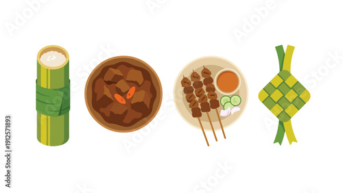 Malay Indonesian Traditional Eid Food Icon Set, Lemang Rendang Satay Ketupat Collection Illustration