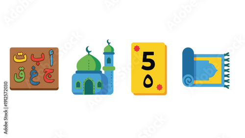 Islamic Educational Toy for Kids Icon Set, Arabic Alphabet Puzzle Mosque Flashcard Collection
