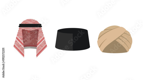 Muslim Men Headwear Hat and Scarf Icon Set, Kufi Keffiyeh Songkok Turban Collection Illustration