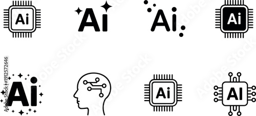 Set of professional black and white artificial intelligence icons featuring processor chips, neural networks, human brain circuits, and sparkling AI typography for modern technology design.