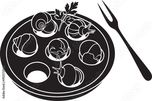 Escargot snail dish silhouette vector icon, elegant minimalist representation of French delicacy