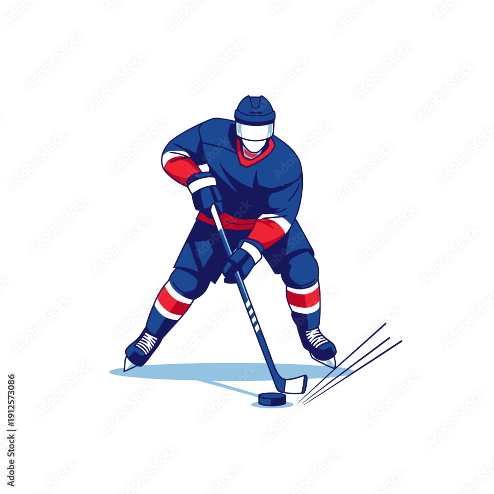 Fototapeta premium Ice Hockey Player in Action: Slapshot Ready, Blue and Red Uniform