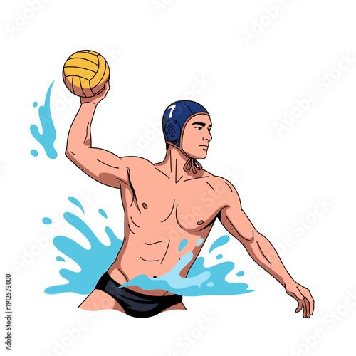 Water Polo Player Throwing Ball in Water Splash, Athletic Man with Cap and Ball