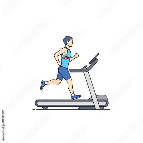 Man running on treadmill with heart rate monitor, fitness and cardio workout