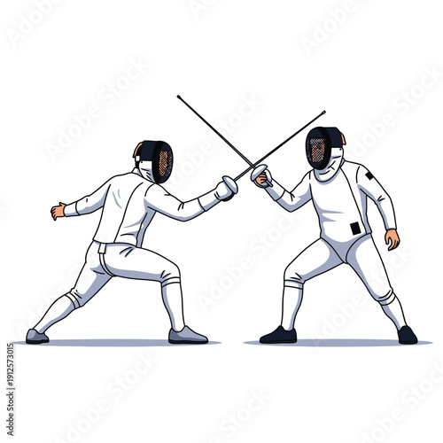 Two fencers in protective gear duel with foils, intense combat, sport competition