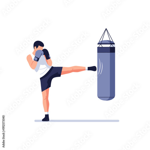 Man kicking punching bag, martial arts training, fitness workout, combat sports