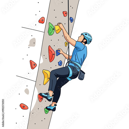Man climbing indoor rock wall, wearing helmet and harness, reaching for hold