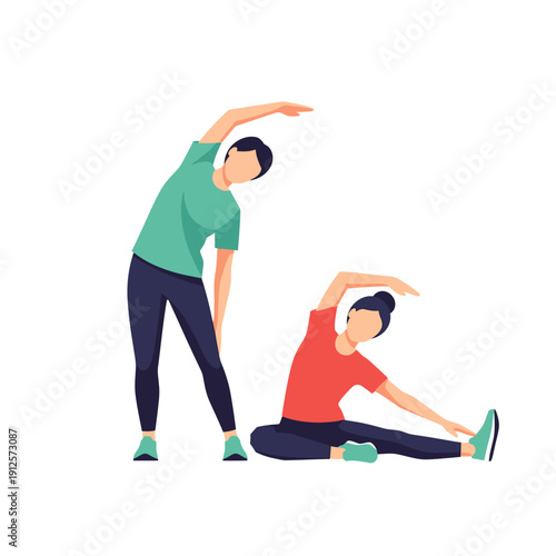 Two people stretching and exercising together, promoting fitness and well-being