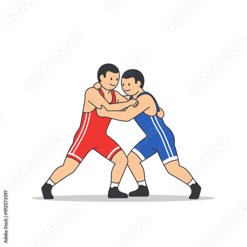 Two male wrestlers in red and blue singlets grappling during a match