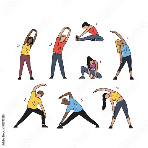 Diverse group of people stretching and exercising, promoting fitness and well-being