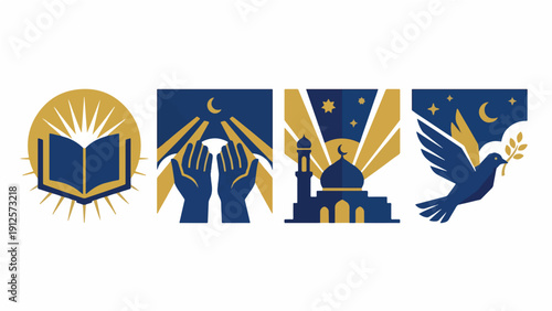 Laylatul Qadr Night of Power Spiritual Icon Set,Quran Dua Mosque Light Peace Dove Collection