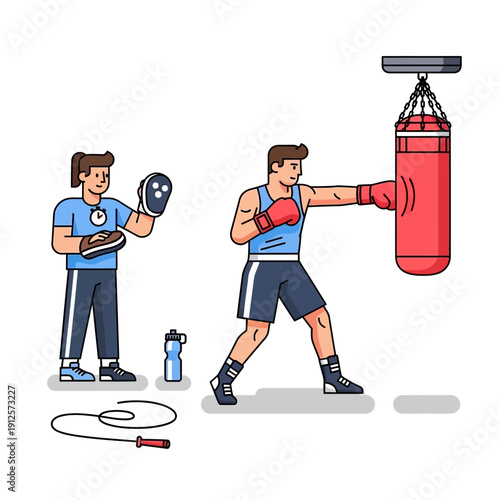Boxer training with punching bag and coach with mitts, boxing workout, fitness, sports
