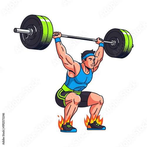 Man lifting heavy barbell in squat position with flames on feet, fitness and workout concept