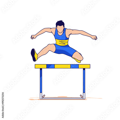 Athlete jumping over hurdle during track and field competition, dynamic action shot