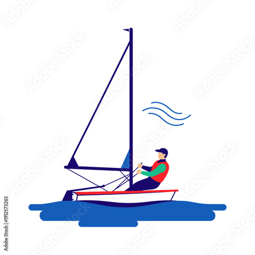 Sailing boat with person on water, active lifestyle, outdoor sport, summer vacation, leisure activity