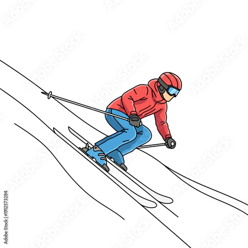 Skier in red jacket skiing down a snowy slope, dynamic action shot, winter sports