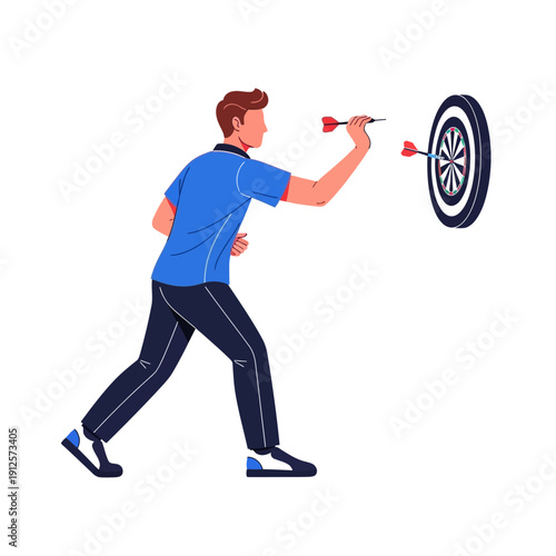 Man playing darts, throwing dart at dartboard, aiming for bullseye, sports game, leisure activity