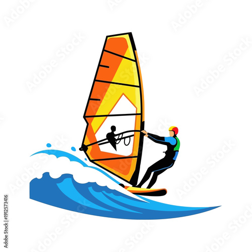 Windsurfer riding a wave, colorful sail, dynamic water sport action shot