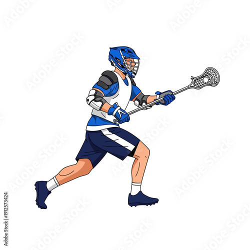 Lacrosse Player Running with Stick, Blue Uniform, Action Shot