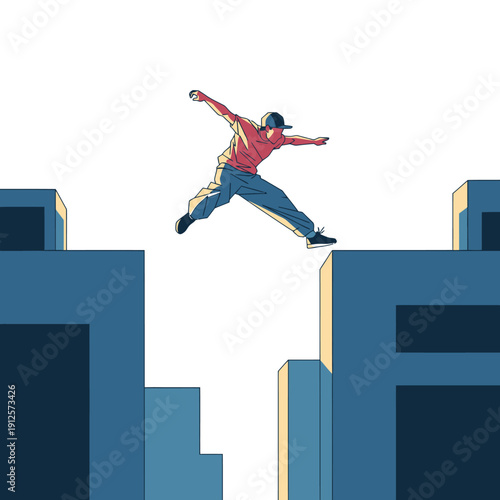 Man jumping between buildings, parkour, urban sport, extreme activity, city life