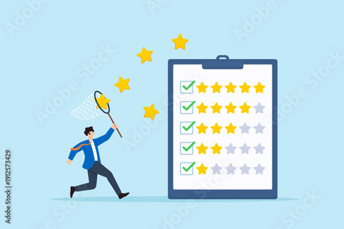 Flat illustration of business team catching star with net survey form for customer satisfaction and performance review analysis